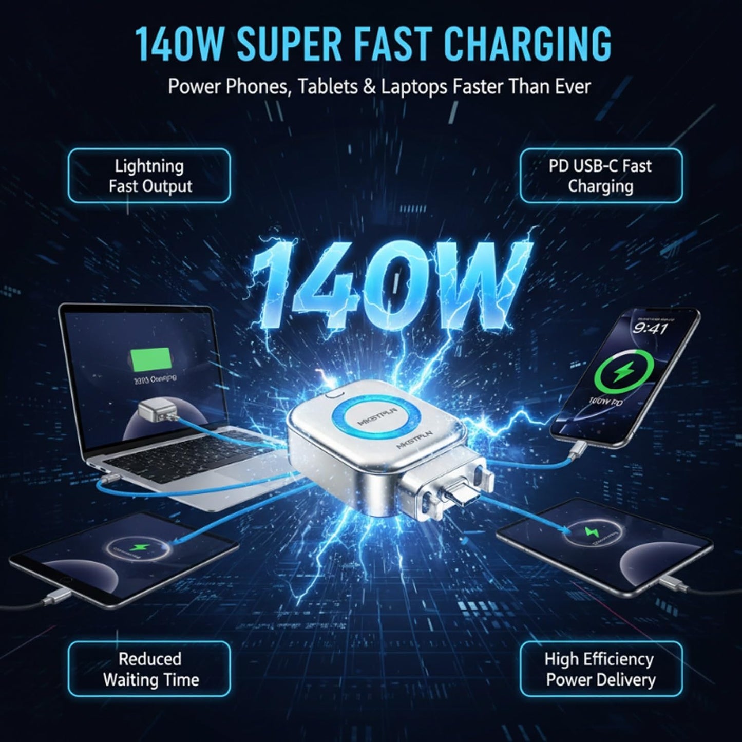 AI Smart Auto Cut Adapter Full Battery Auto Disconnect Protects Health for Iphone Android 140W Smart Cut Charger Automatic Power off Fast Charging Stop Overcharge Prevention USB C Cable Phone Laptop